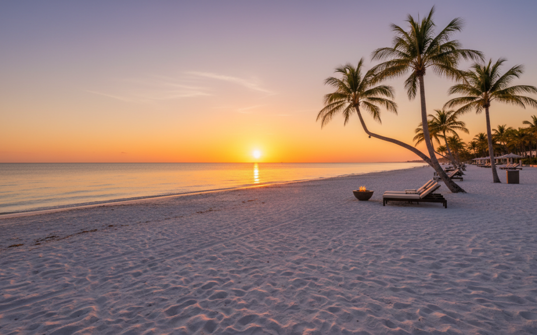 Naples Florida beach sunset with palm trees