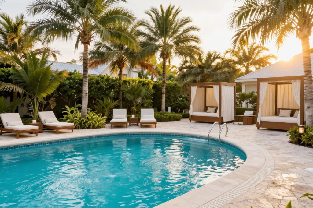 A luxury resort swimming pool in Florida surrounded by palm trees and comfortable lounge chairs