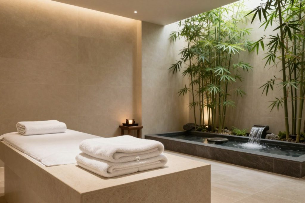 A serene spa relaxation room with warm wooden accents and fresh towels