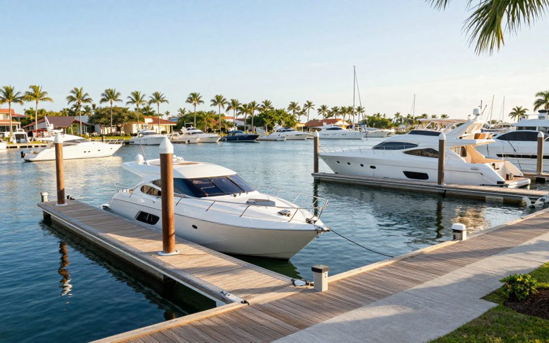 Waterfront marina in Naples Florida during golden hour with luxury boats docked along the pier